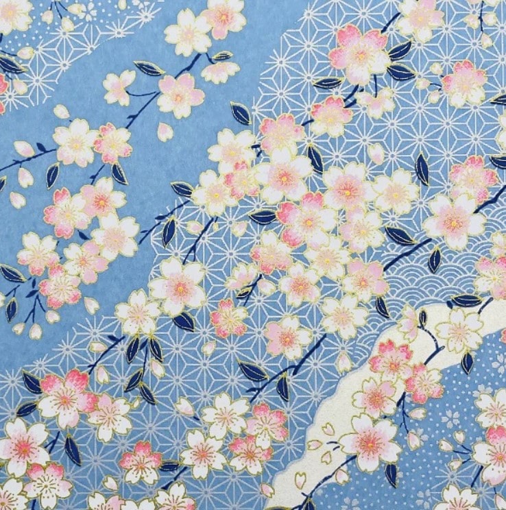 Japanese Yuzen Chiyogami Washi Paper (Y0034) – Pink and White Cherry Blossoms on Blue