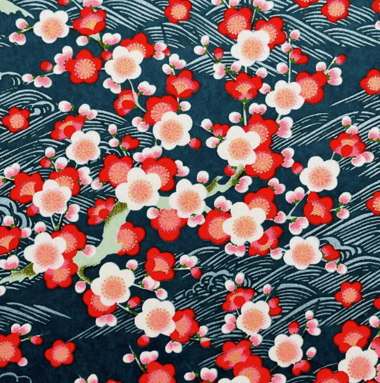 Japanese Yuzen Chiyogami Washi Paper (Y0063) – Crimson Plum Blossoms with Flowing Waves