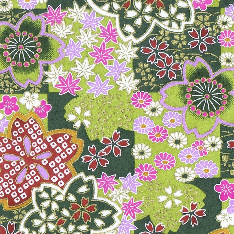 Japanese Yuzen Chiyogami Washi Paper (Y0126) – Vibrant Floral and Leaf Motif on Green