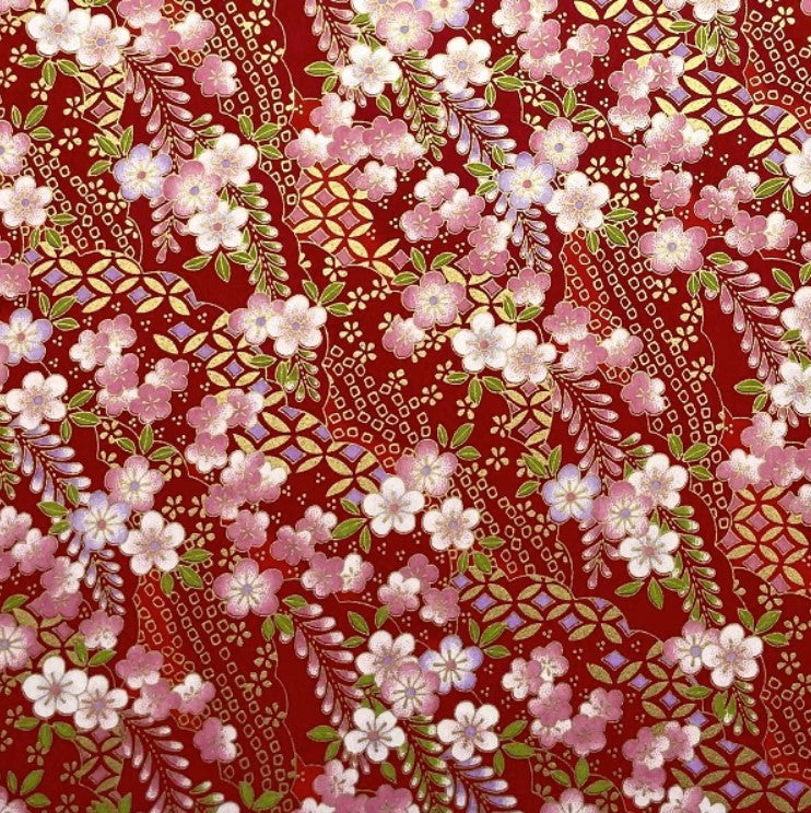 Japanese Yuzen Washi Paper - White and Pink Flowers on Red - Chiyogami Paper With Gold Accent for origami, craft & scrapbooking 15x15cm (6")