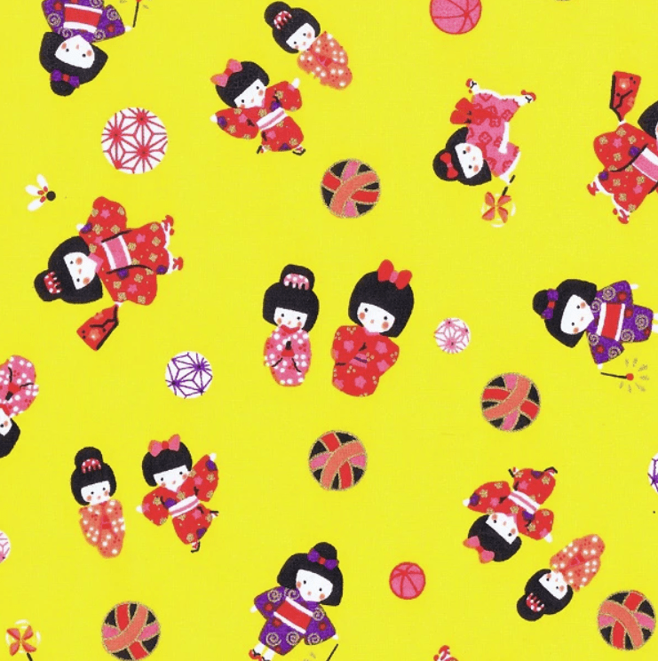 Japanese Yuzen Chiyogami Washi Paper (Y0159) – Yellow with Kokeshi Dolls and Toys Pattern