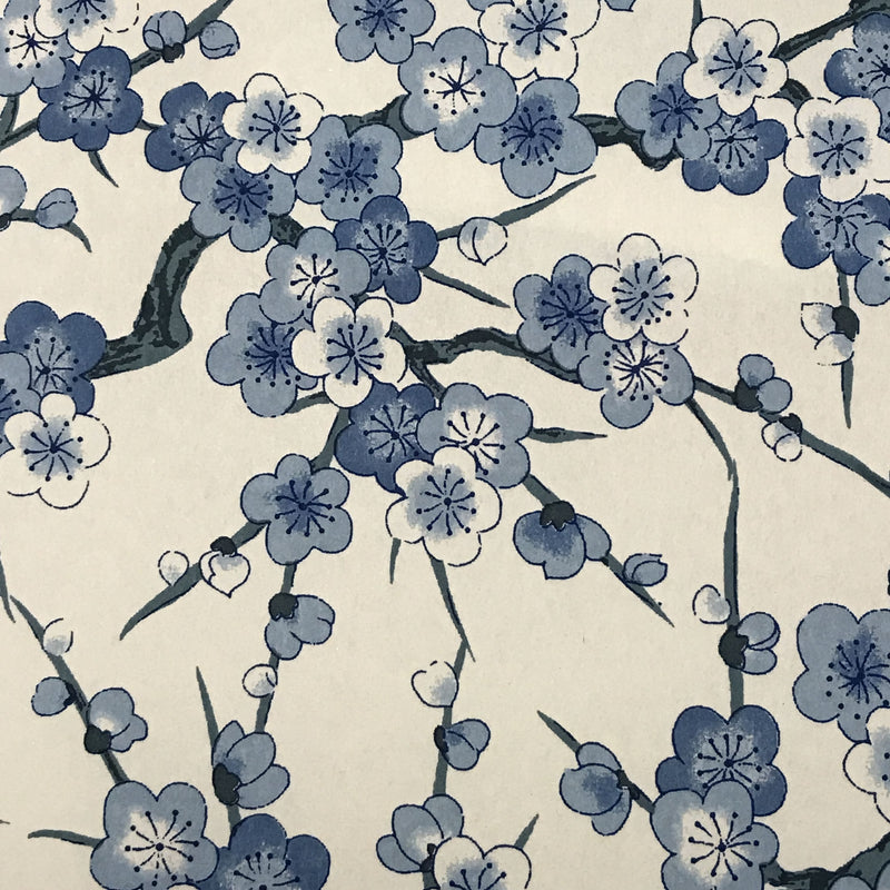 Japanese Yuzen Chiyogami Washi Paper (Y0161) – Blue Plum Blossoms on Cream