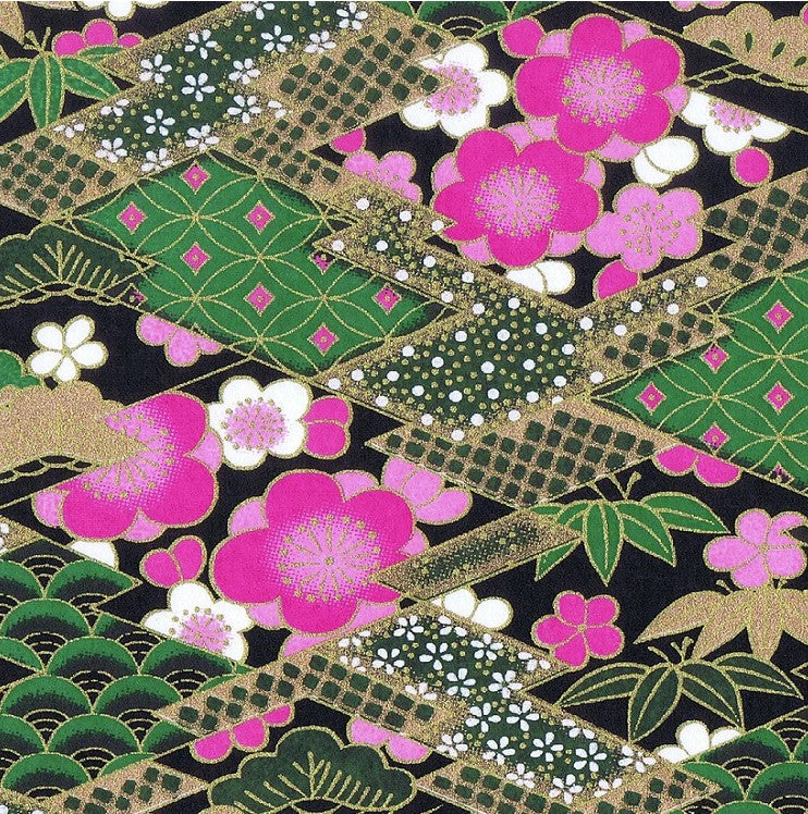 Japanese Yuzen Washi Paper -Japanese Pink Flowers on Black - Chiyogami Paper With Gold Accent for origami, craft & scrapbooking 15x15cm (6")