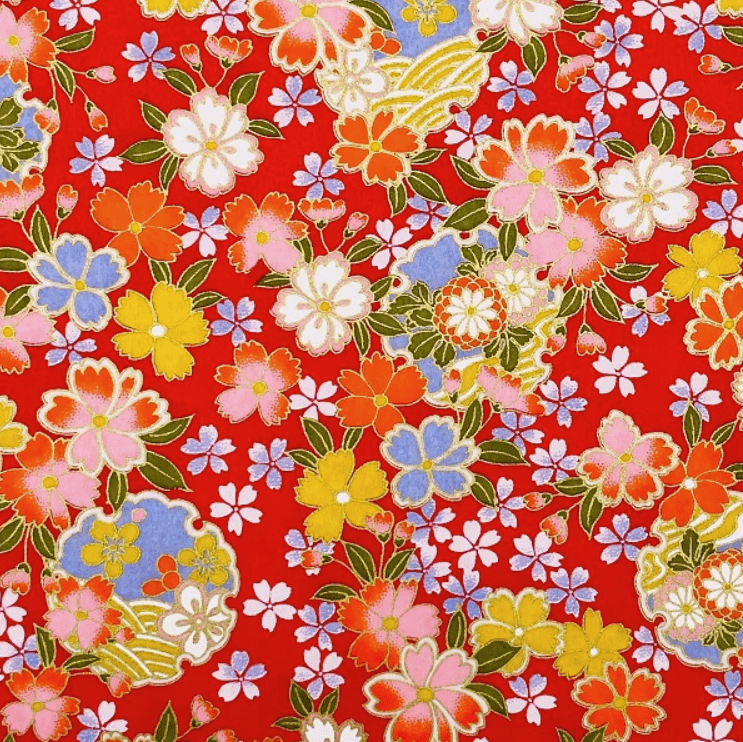 Japanese Yuzen Chiyogami Washi Paper (Y0190) – Vibrant Floral Symphony on Red