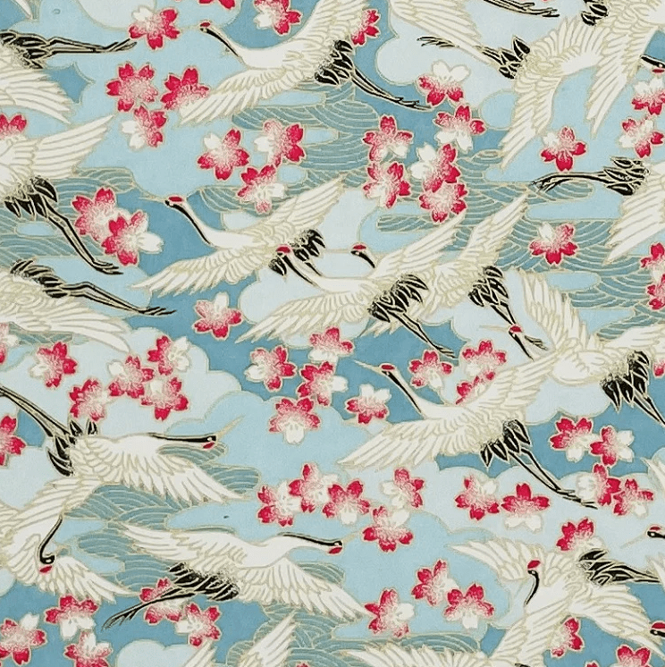 Japanese Yuzen Chiyogami Washi Paper (Y0199) – Graceful Cranes with Sakura on Sky Blue