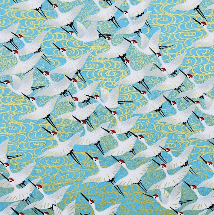 Japanese Yuzen Chiyogami Washi Paper (Y0244) – Dancing Cranes on Turquoise Waves