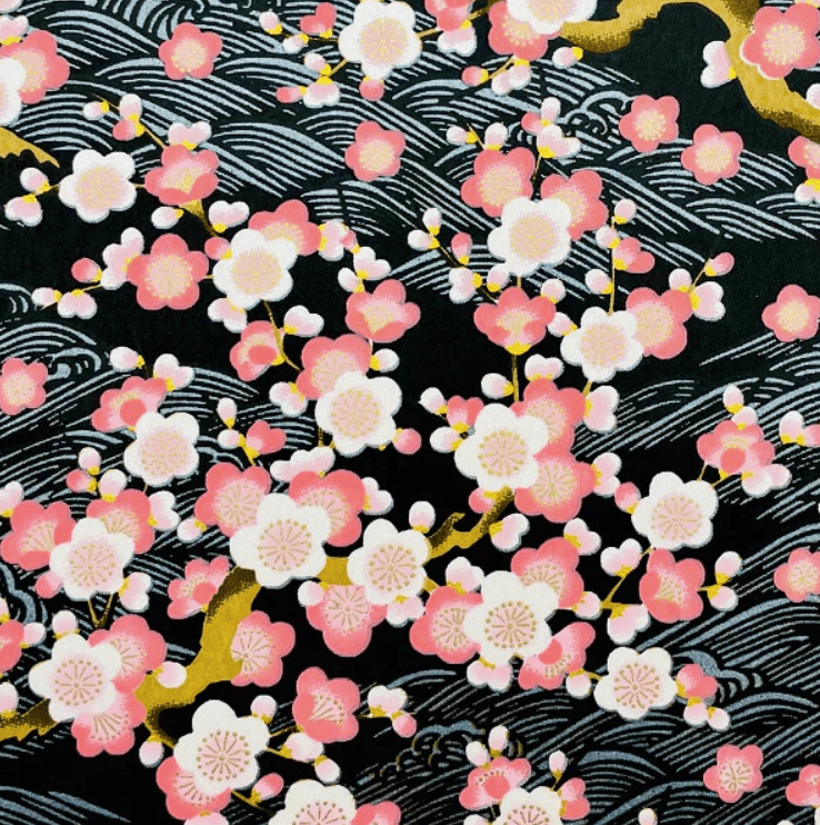 Japanese Yuzen Chiyogami Washi Paper (Y0246) – Blossoming Waves on Black