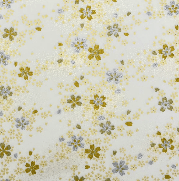 Japanese Yuzen Chiyogami Washi Paper (Y0249) – Gold and Silver Floral Pattern on White Background