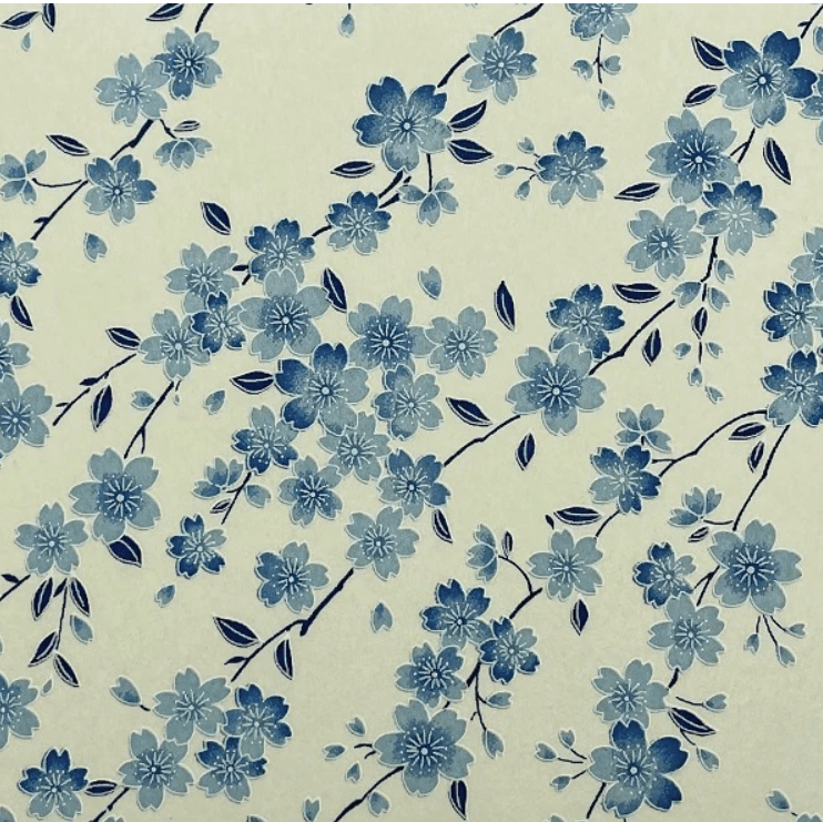 Japanese Yuzen Chiyogami Washi Paper (Y0295) – Blue Sakura Blossoms on Ivory