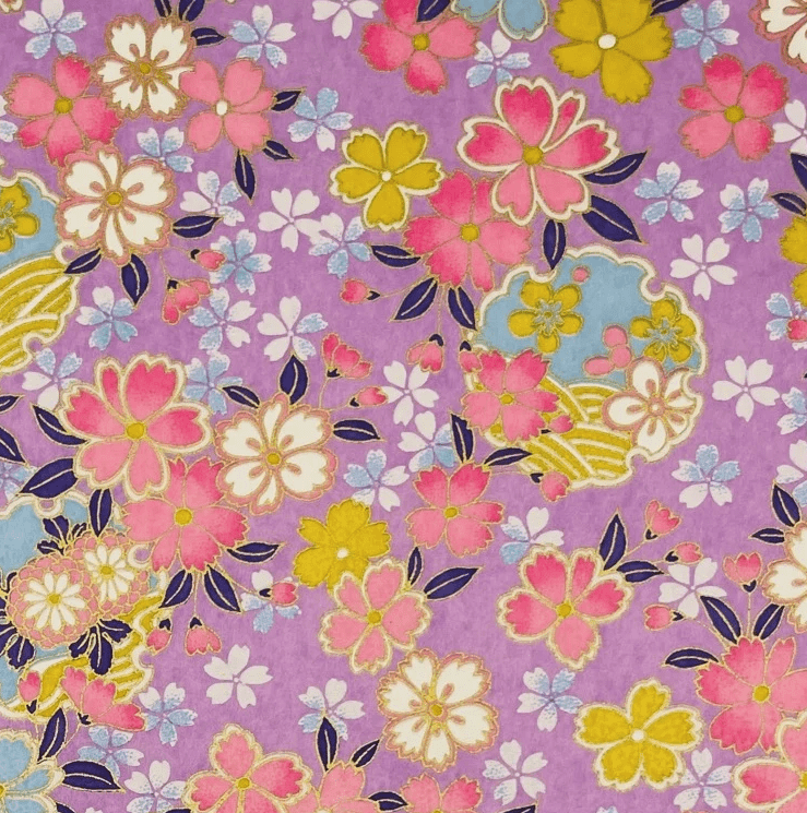 Japanese Yuzen Chiyogami Washi Paper (Y0335) – Vibrant Spring Florals on Purple