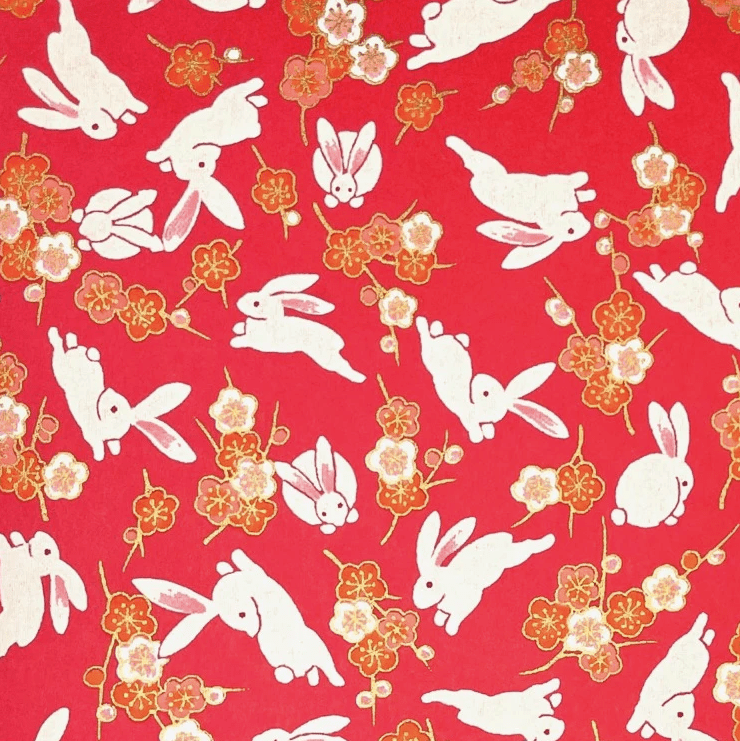 Japanese Yuzen Chiyogami Washi Paper (Y0344) – Red with White Rabbits and Gold Flowers