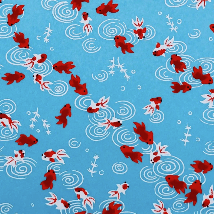 Japanese Yuzen Chiyogami Washi Paper (Y0356) – Blue with Red Goldfish