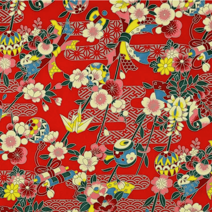 Japanese Yuzen Chiyogami Washi Paper (Y0379) - Red Floral and Decorative Pattern