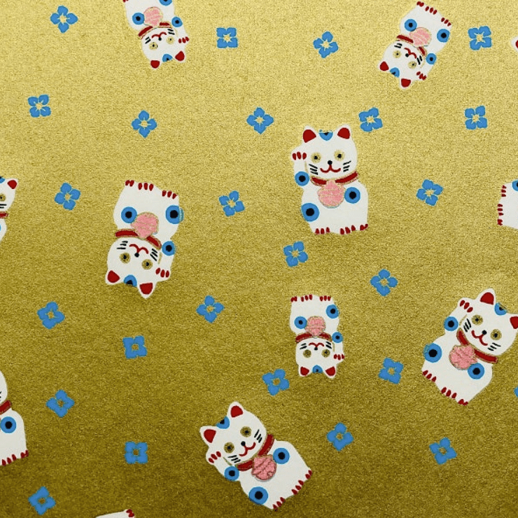 Japanese Yuzen Chiyogami Washi Paper Y0405 – Lucky Cat on Gold