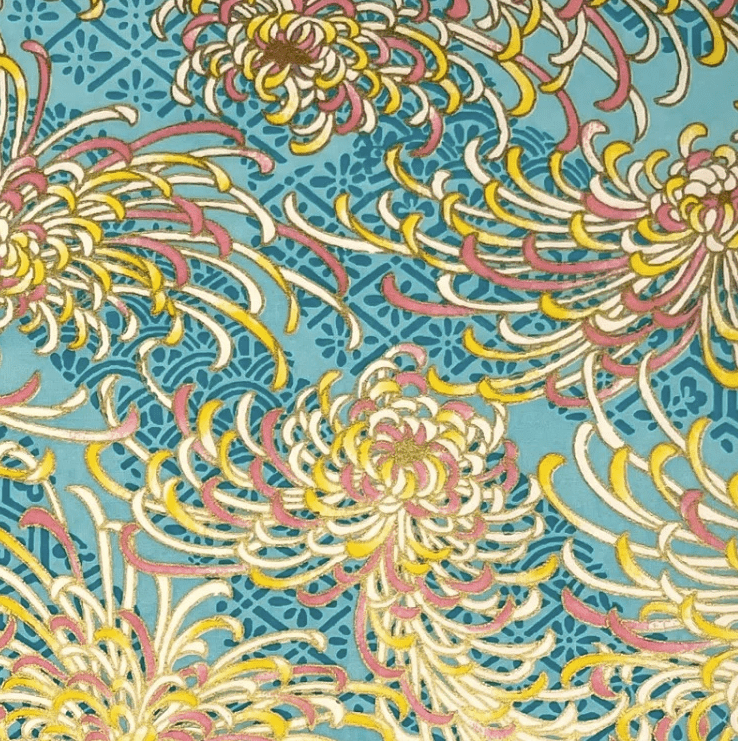 Japanese Yuzen Chiyogami Washi Paper (Y0468) – Golden Chrysanthemums on Turquoise