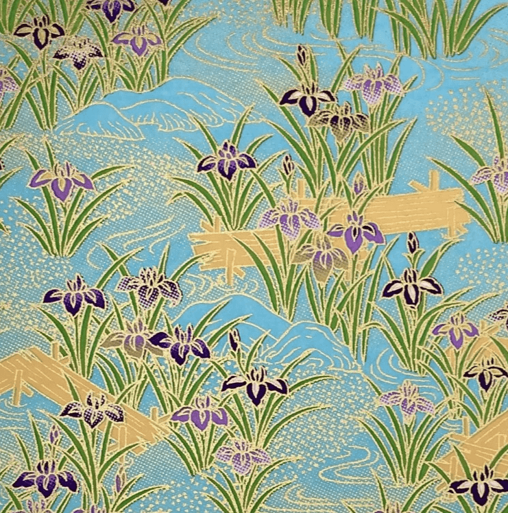 Japanese Yuzen Chiyogami Washi Paper (Y0479) Purple Irises on Light Blue Background