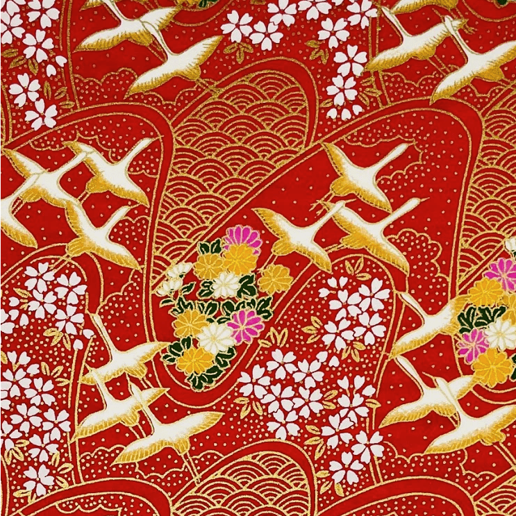 Japanese Yuzen Chiyogami Washi Paper (Y0486) – Majestic Cranes and Blossoms on Red