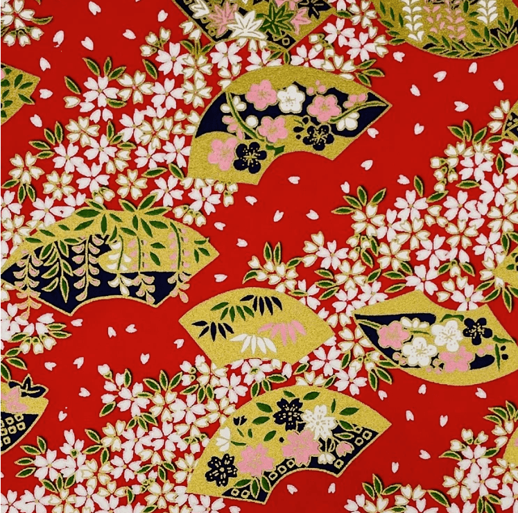 Japanese Yuzen Chiyogami Washi Paper (Y0488) – Blossom Fan Motif on Red