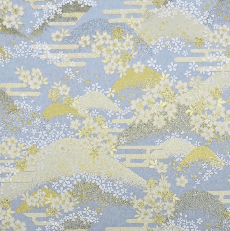 Japanese Yuzen Chiyogami Washi Paper Y0522 – Golden Sakura on Blue Hills