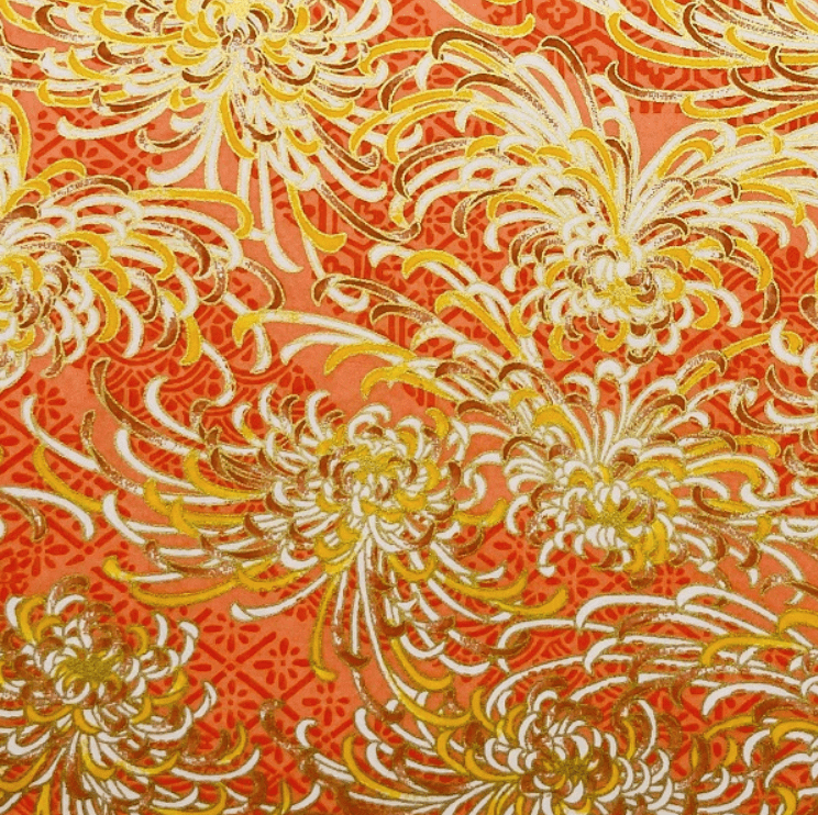 Japanese Yuzen Chiyogami Washi Paper (Y0594) – Golden Chrysanthemums on Coral