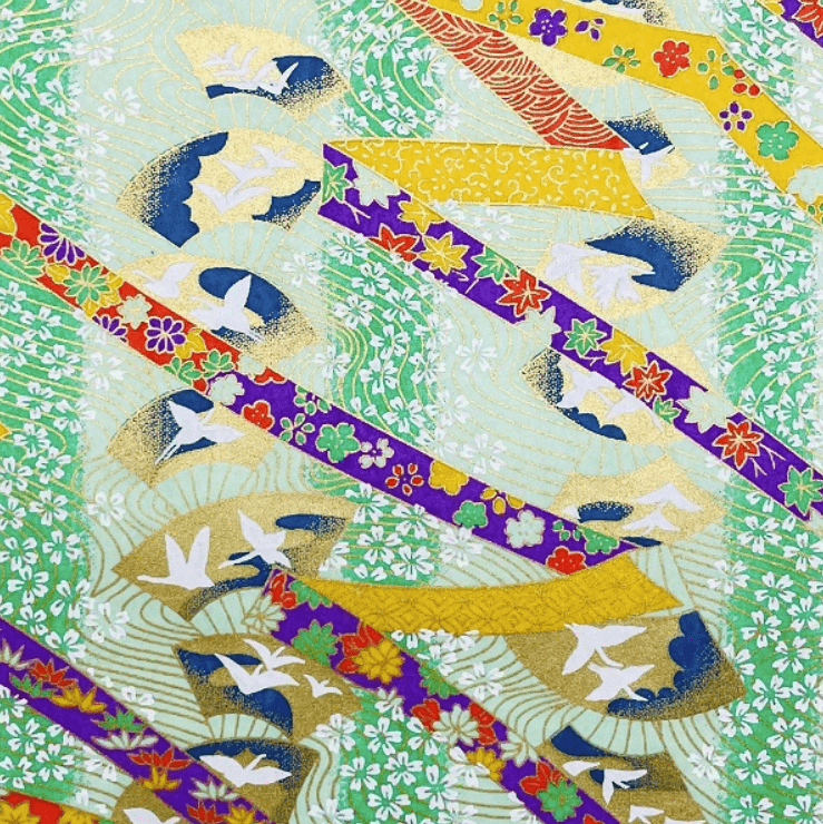 Japanese Yuzen Chiyogami Washi Paper Y0631 - Colourful Stripes and Birds on Green