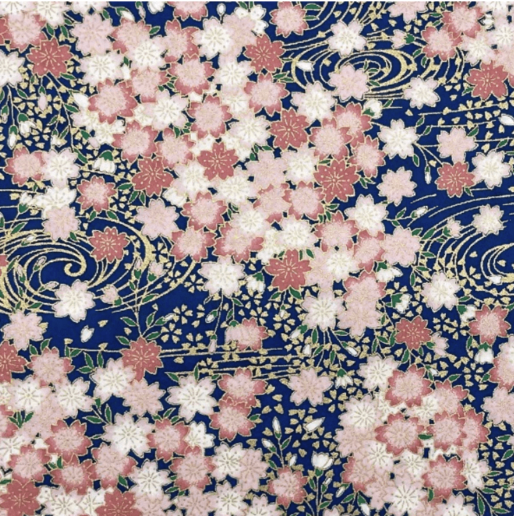 Japanese Yuzen Chiyogami Washi Paper (Y0638) – Blue with Pink and White Floral Pattern