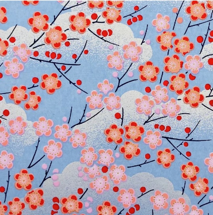 Japanese Yuzen Chiyogami Washi Paper (Y0668) – Blue with Cherry Blossoms