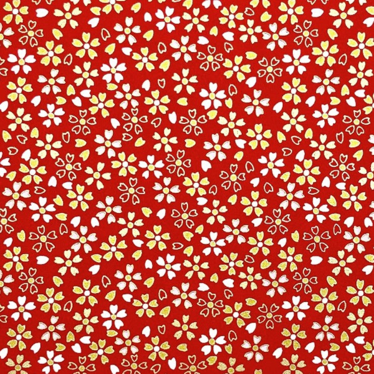 Japanese Yuzen Washi Paper - White Yellow Cherry Blossoms on Red - Chiyogami Paper With Gold Accent for origami, craft & scrapbooking 15x15cm (6")