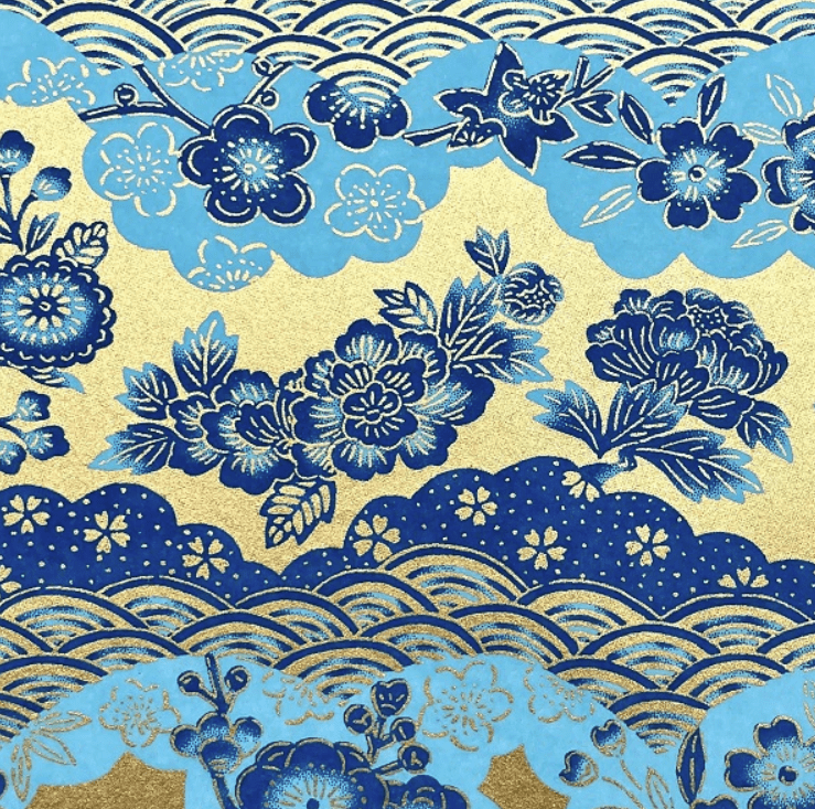 Japanese Yuzen Chiyogami Washi Paper Y0701 – Blue Floral Waves