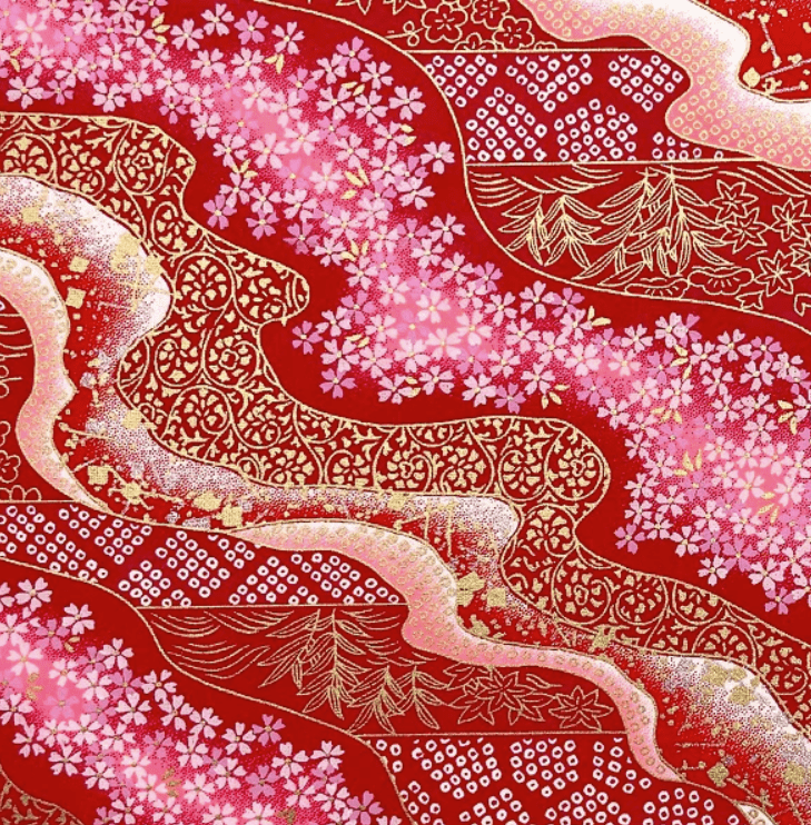 Japanese Yuzen Chiyogami Washi Paper (Y0707) – Pink Sakura with Golden Accents on Red