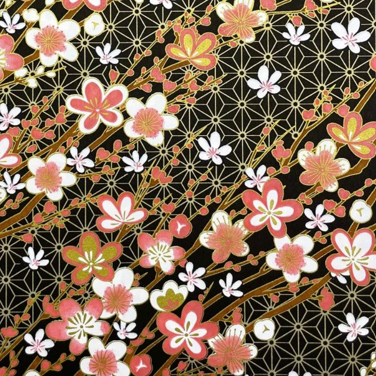 Japanese Yuzen Washi Paper -Peach Cherry Blossoms on Black - Chiyogami Paper With Gold Accent for origami, craft & scrapbooking 15x15cm (6")