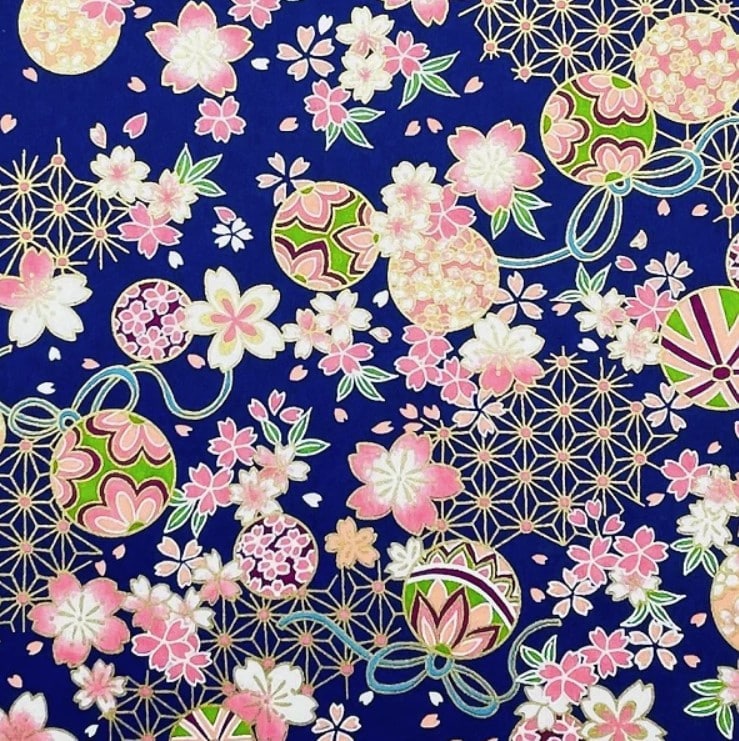 Japanese Yuzen Chiyogami Washi Paper (Y0742) – Floral and Temari Balls on Dark Blue