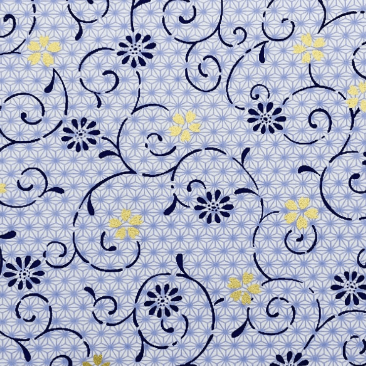 Japanese Yuzen Chiyogami Washi Paper (Y0757) – Indigo Vines with Golden Accents on Pale Blue