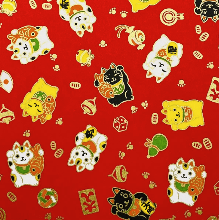 Japanese Yuzen Chiyogami Washi Paper (Y0762) – Red with Maneki-Neko Cats (Lucky Cats)