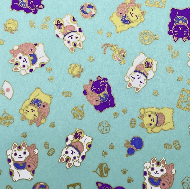 Japanese Yuzen Chiyogami Washi Paper Y0764 - Lucky Cats on Aqua Blue