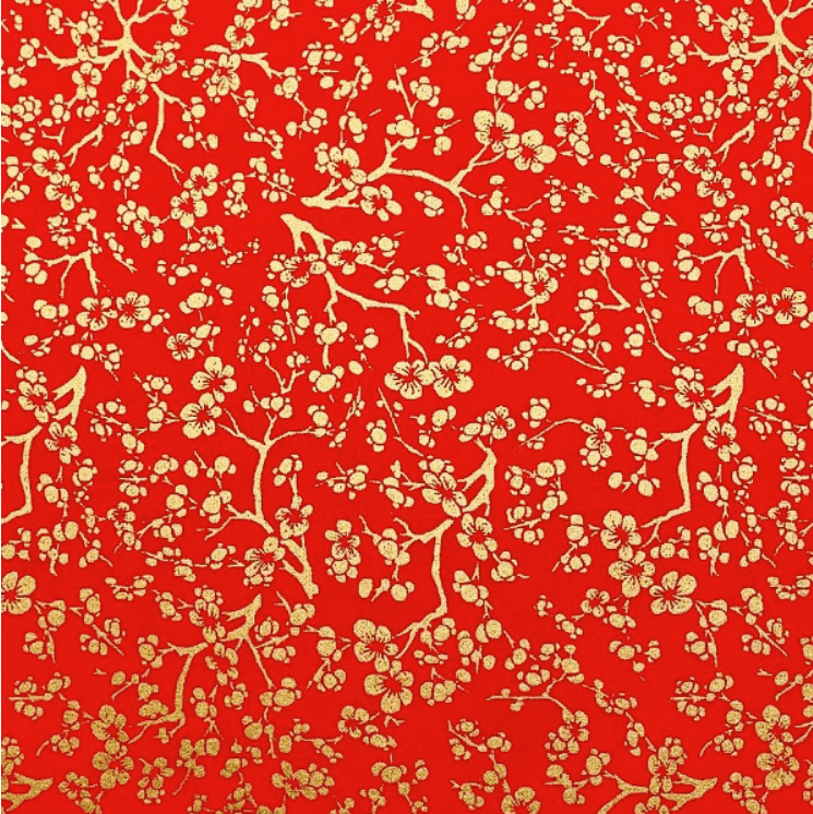 Japanese Yuzen Chiyogami Washi Paper Y0799 – Golden Plum Blossoms on Red