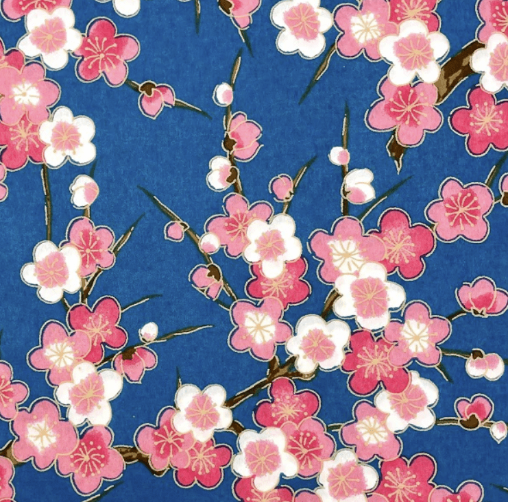 Japanese Yuzen Chiyogami Washi Paper (Y0816) – Vibrant Plum Blossoms on Blue