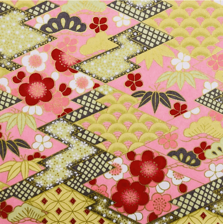 Japanese Chiyogami Yuzen Washi Paper (Y0821) - Pink and Gold Floral Pattern