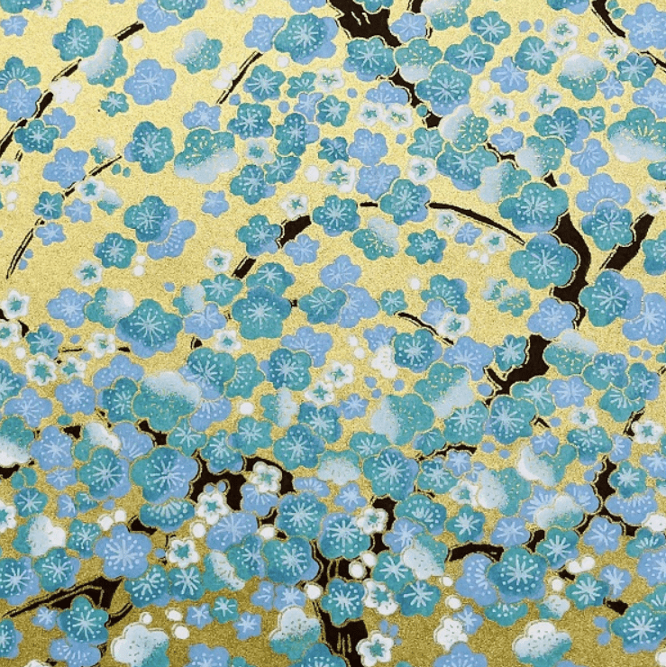 Japanese Yuzen Chiyogami Washi Paper (Y0825) – Blue Blossoms on Gold