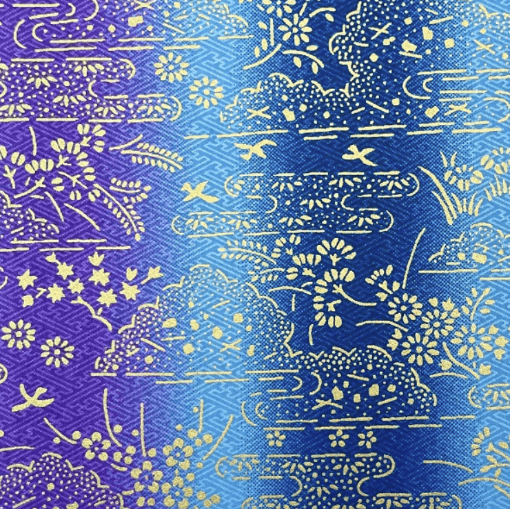 Japanese Yuzen Chiyogami Washi Paper (Y0849) – Golden Floral Pattern on Gradient Blue Background