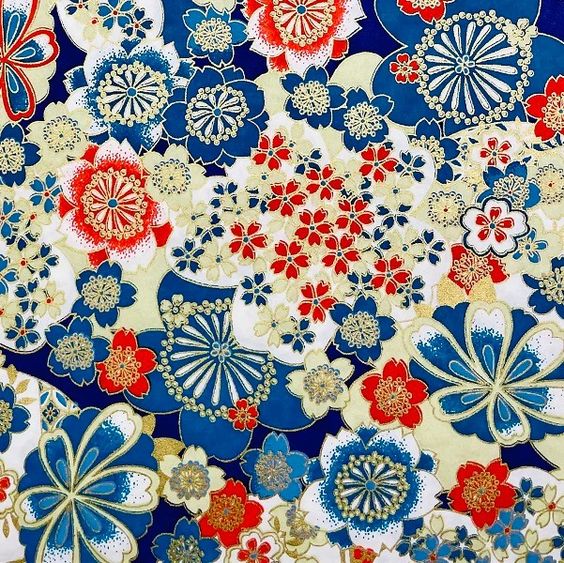 Japanese Yuzen Chiyogami Washi Paper (Y0866) – Red, Blue, and Gold Floral Pattern