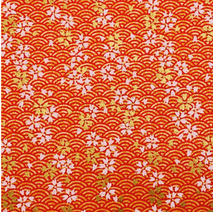 Japanese Yuzen Chiyogami Washi Paper Y0872 – Red and Gold Sakura Waves