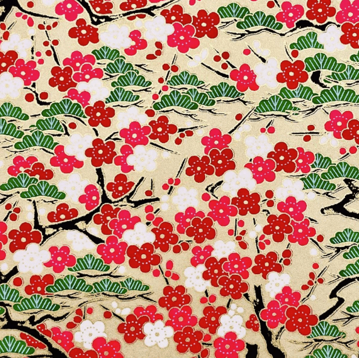 Japanese Yuzen Chiyogami Washi Paper (Y0882) – Red and White Plum Blossoms with Pine on Gold