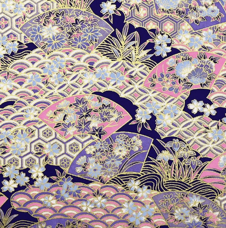 Japanese Yuzen Chiyogami Washi Paper (Y0915) – Lavish Purple and Pink with Floral Fans and Geometric Patterns