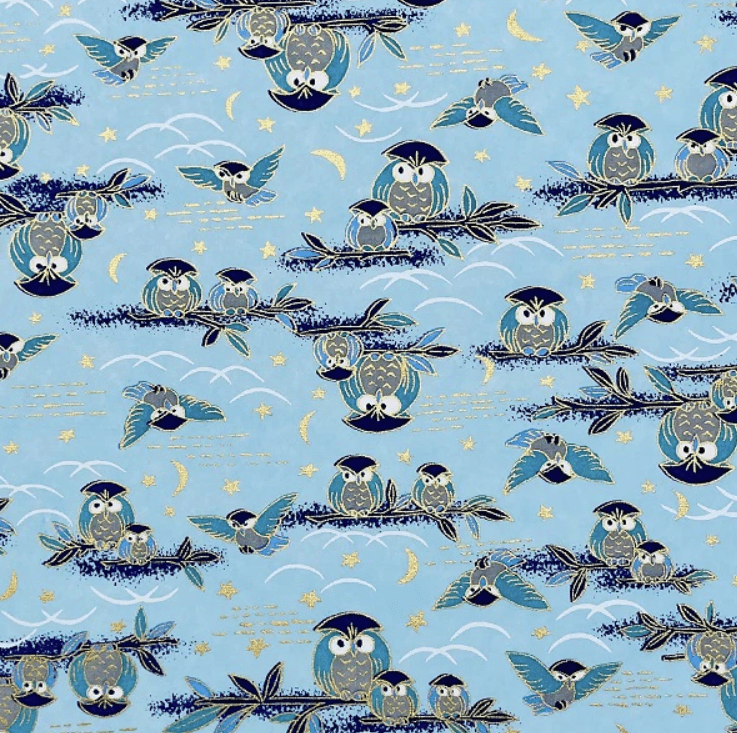 Japanese Yuzen Chiyogami Washi Paper (Y0920) - Blue Owl and Moon Pattern