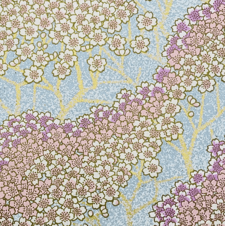 Japanese Yuzen Chiyogami Washi Paper Y0929 - Pink Sakura Blossoms on Blue Background