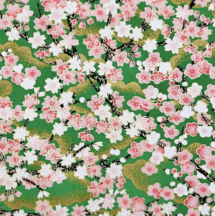 Japanese Yuzen Chiyogami Washi Paper (Y0931) - Green and Pink Floral Pattern