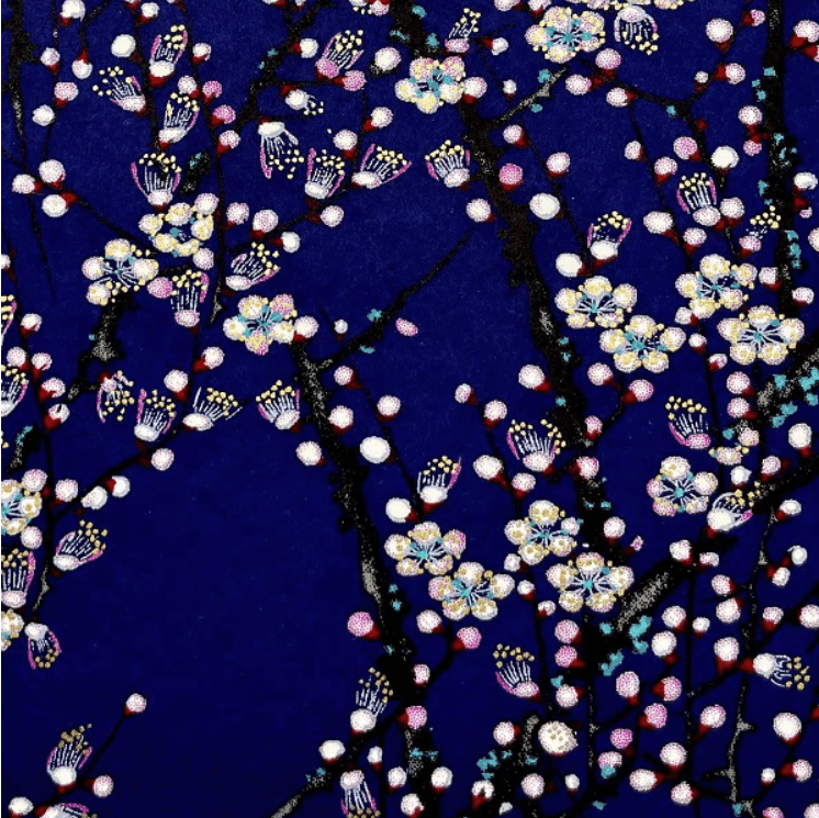 Japanese Yuzen Chiyogami Washi Paper (Y0935) – Elegant Plum Blossoms on Midnight Blue