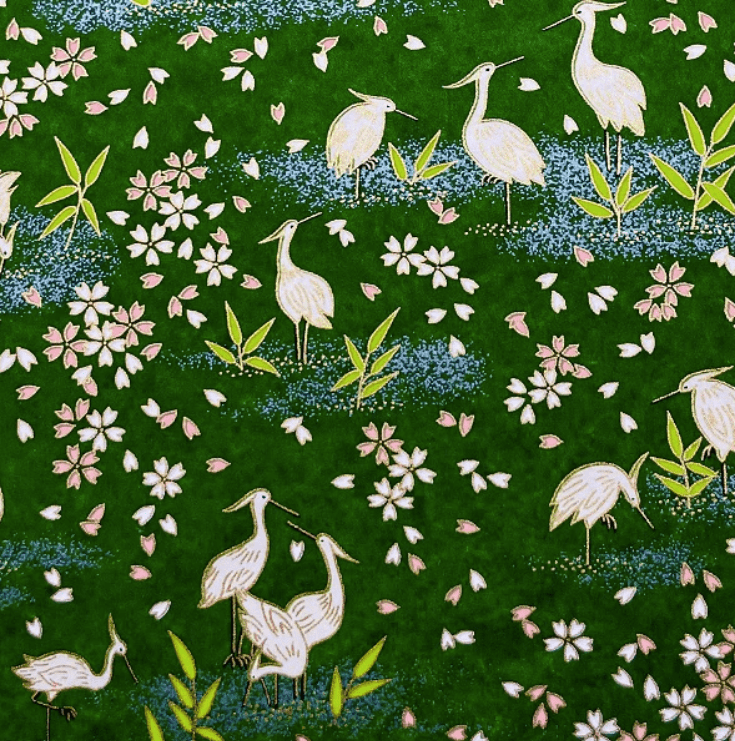 Japanese Yuzen Chiyogami Washi Paper (Y0938) –White Cranes on Green Yuzen Paper