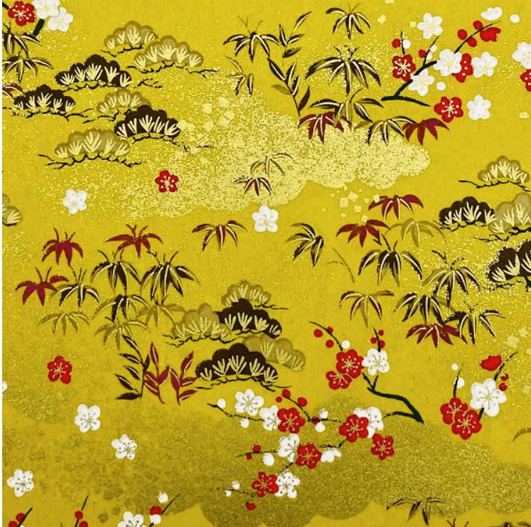 Japanese Yuzen Chiyogami Washi Paper (Y0946) – Golden Landscape with Bamboo and Blossoms